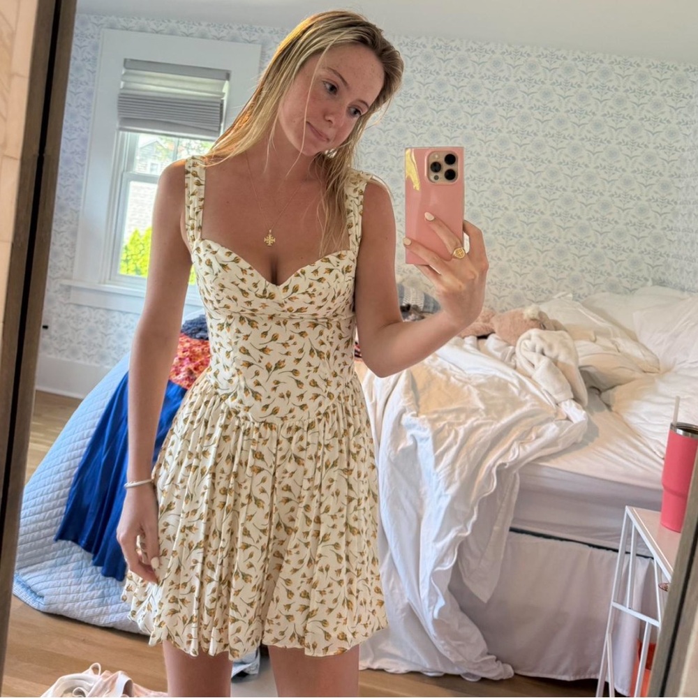 Reformation White Mini Dress with Yellow Floral Print